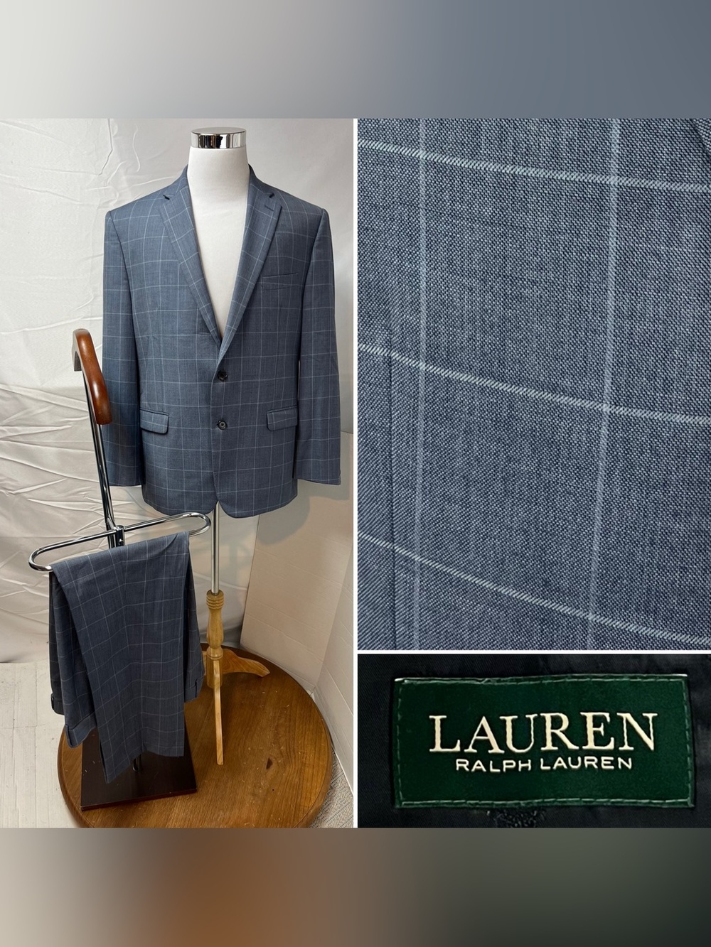 Ralph Lauren Men’s Blue Plaid Windowpane Plaid Wool Stretch Suit